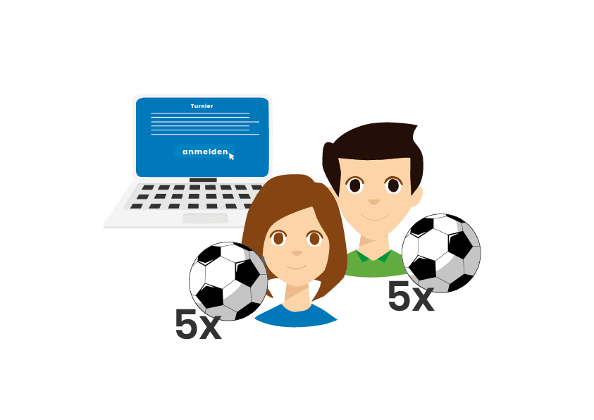 Illustreret billede af 2 personer med fodbolde og en computer, der viser en turneringsregistrering