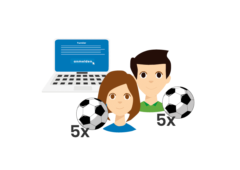 Illustrated picture of 2 people with footballs and a computer showing a tournament registration