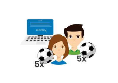 Immagine illustrata di 2 persone con palloni da calcio e un computer che mostra l'iscrizione a un torneo